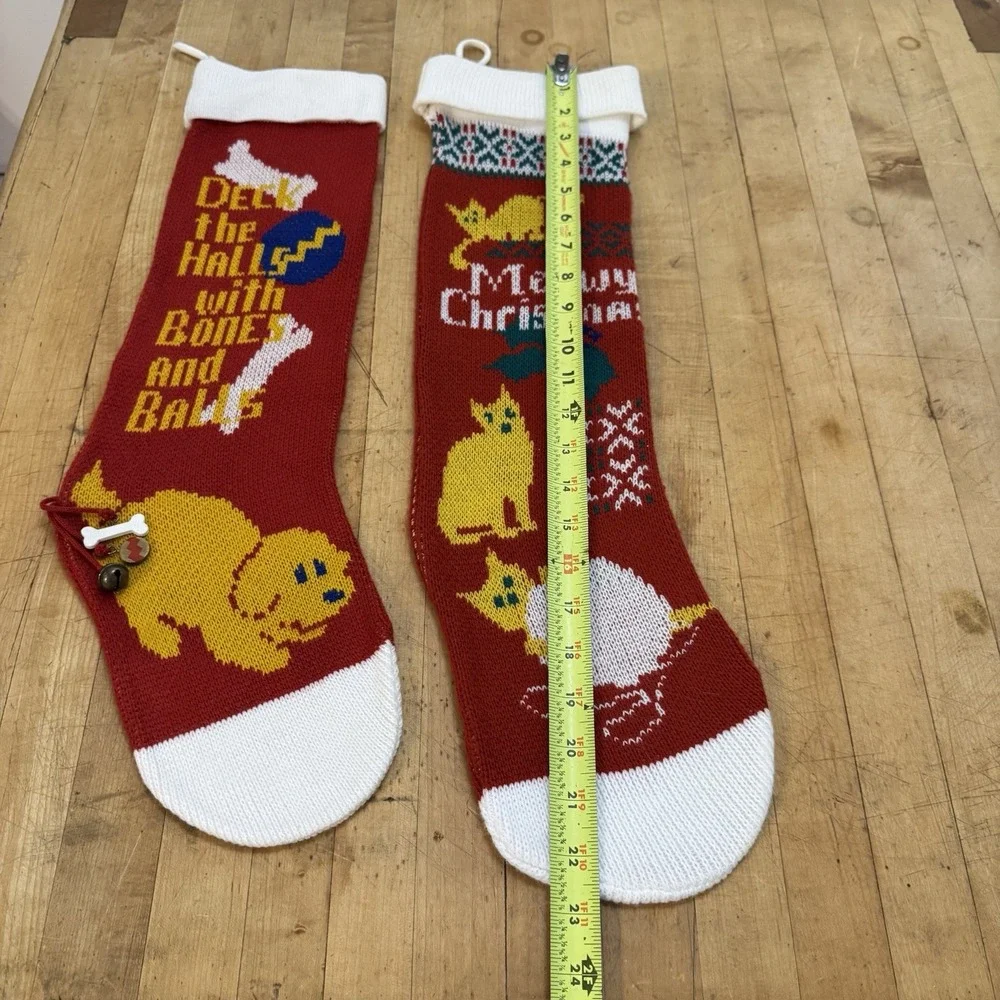 VTG Knit Stockings For Pets MEOWY Christmas Cat Dog Red White Charms‎ Reversible